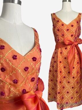 Vintage Sara Campbell Orange silk embroidered 3D floral midi dress bow preppy 6